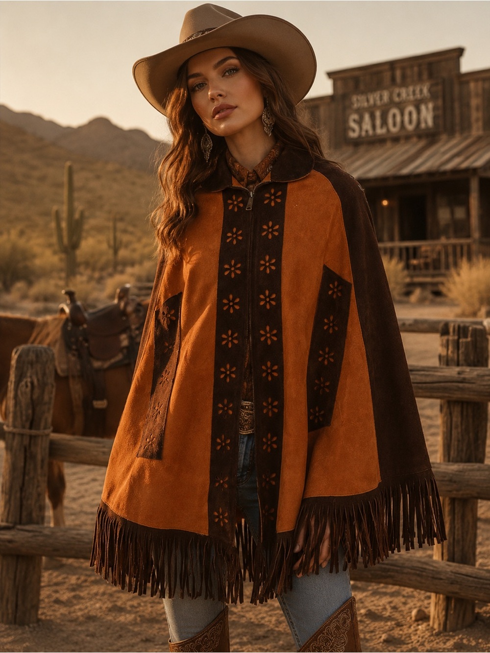 Vintage Genuine Leather Fringe Cape Poncho Western Boho Suede Floral Cutout Cape